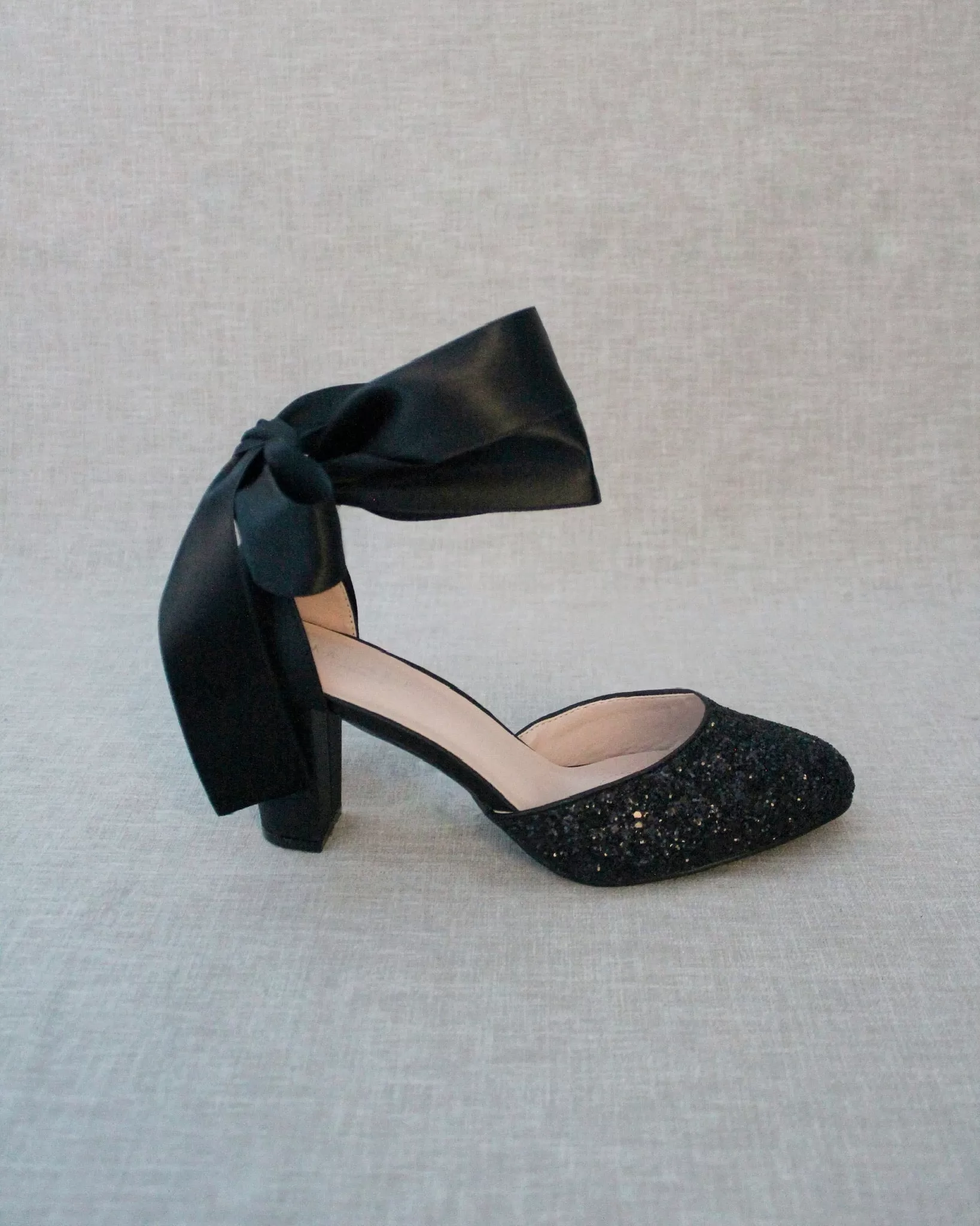 Black Rock Glitter Block Heel with Wrapped Satin Tie