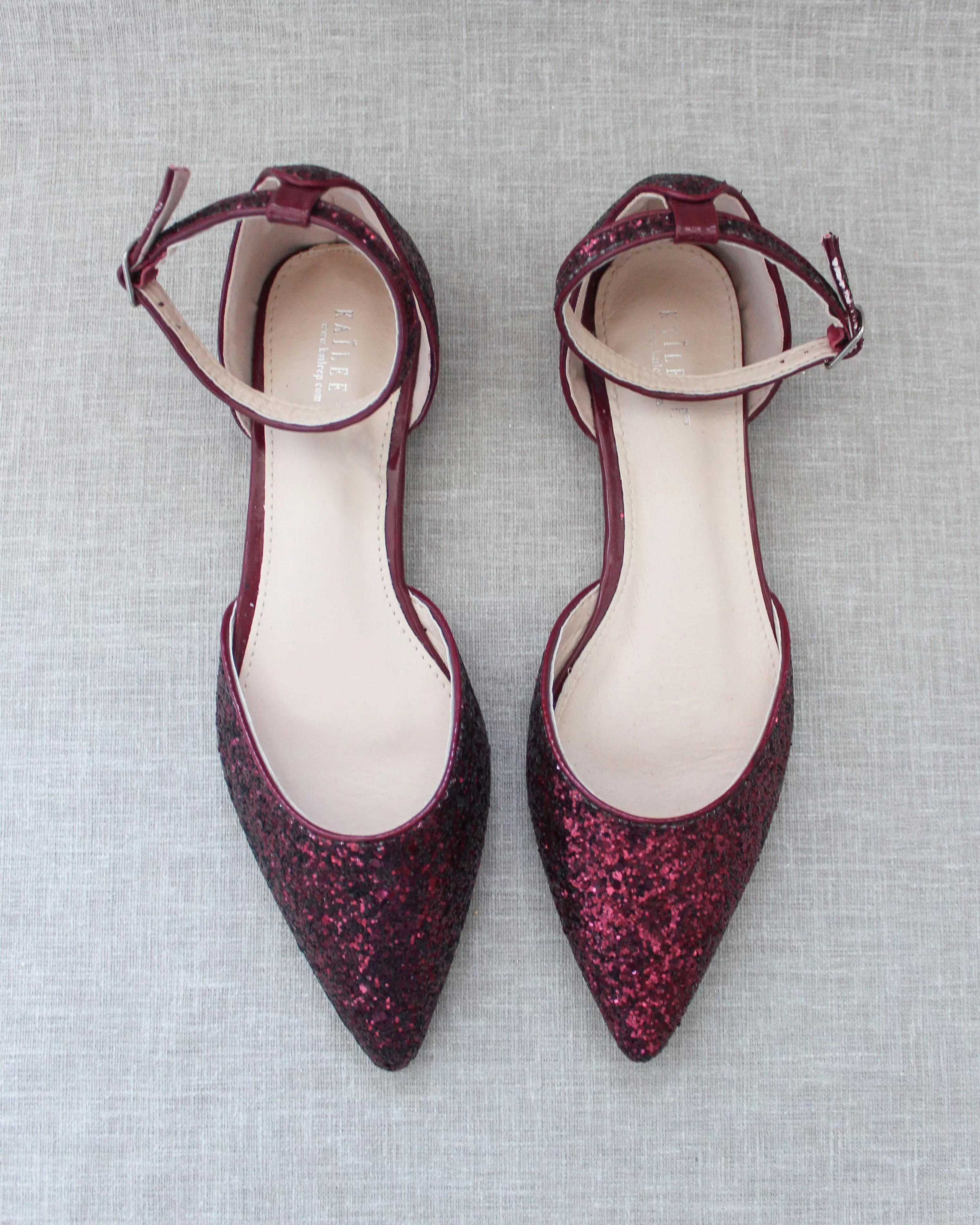 Burgundy Rock Glitter Ankle Strap Flats