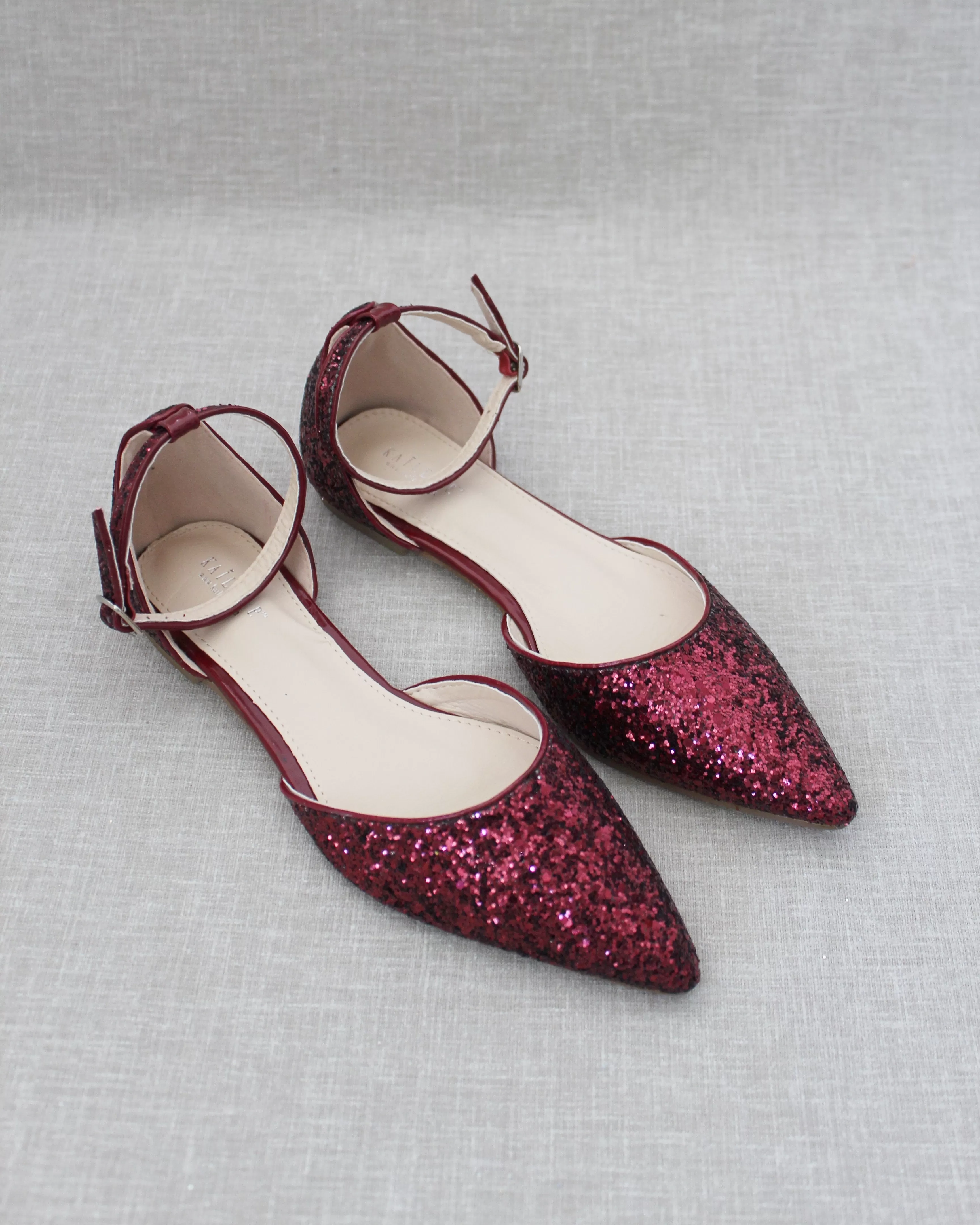 Burgundy Rock Glitter Ankle Strap Flats