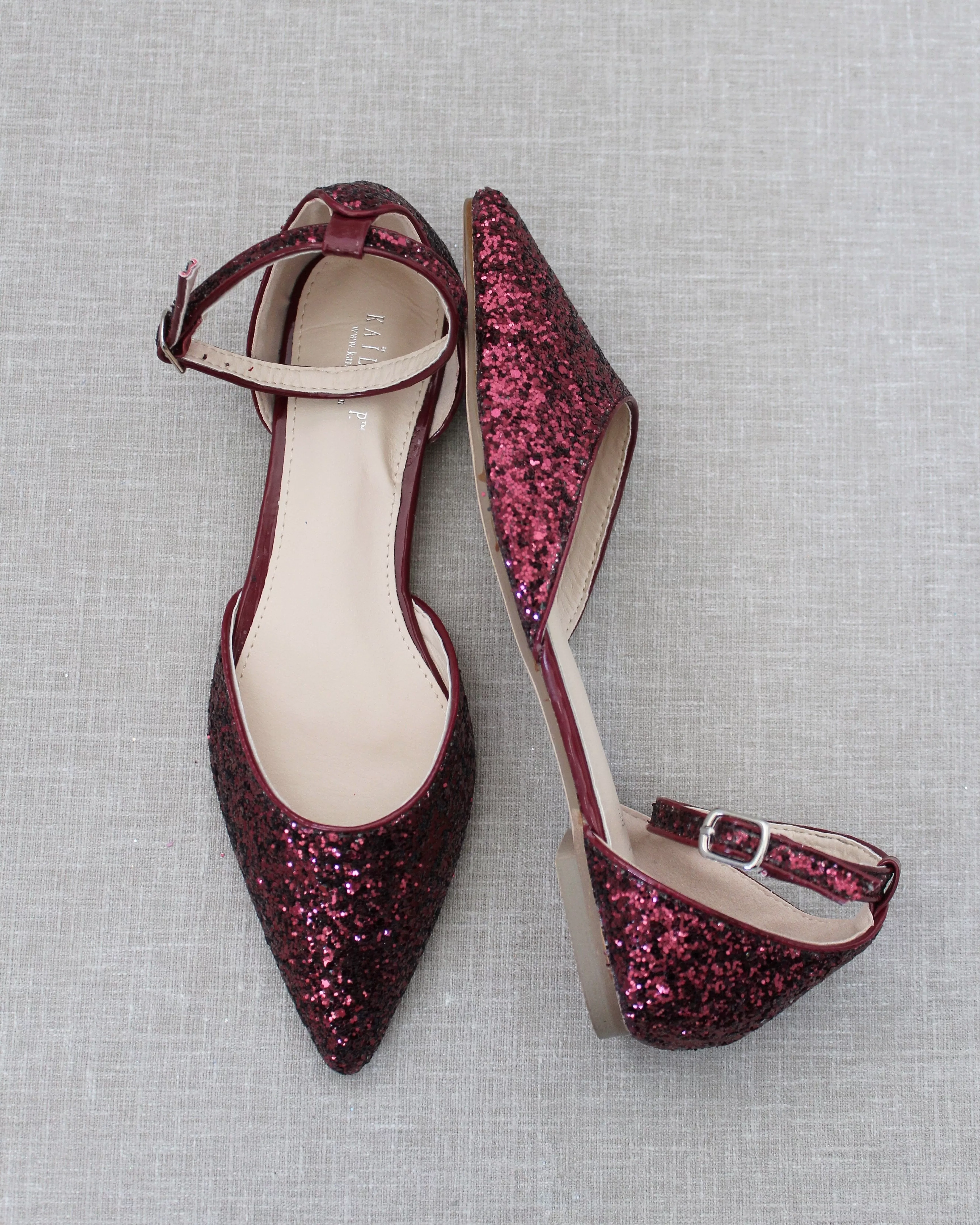 Burgundy Rock Glitter Ankle Strap Flats