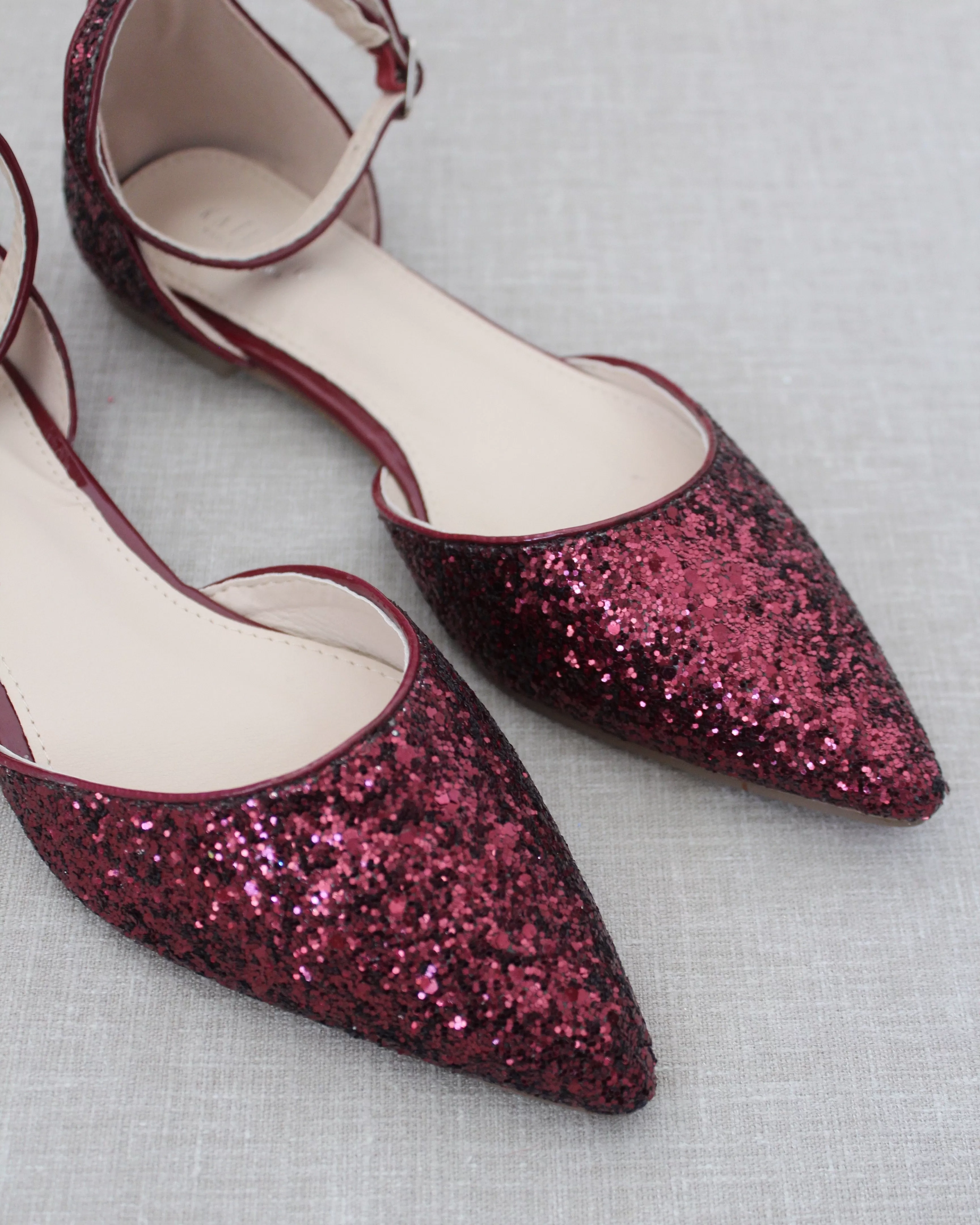 Burgundy Rock Glitter Ankle Strap Flats