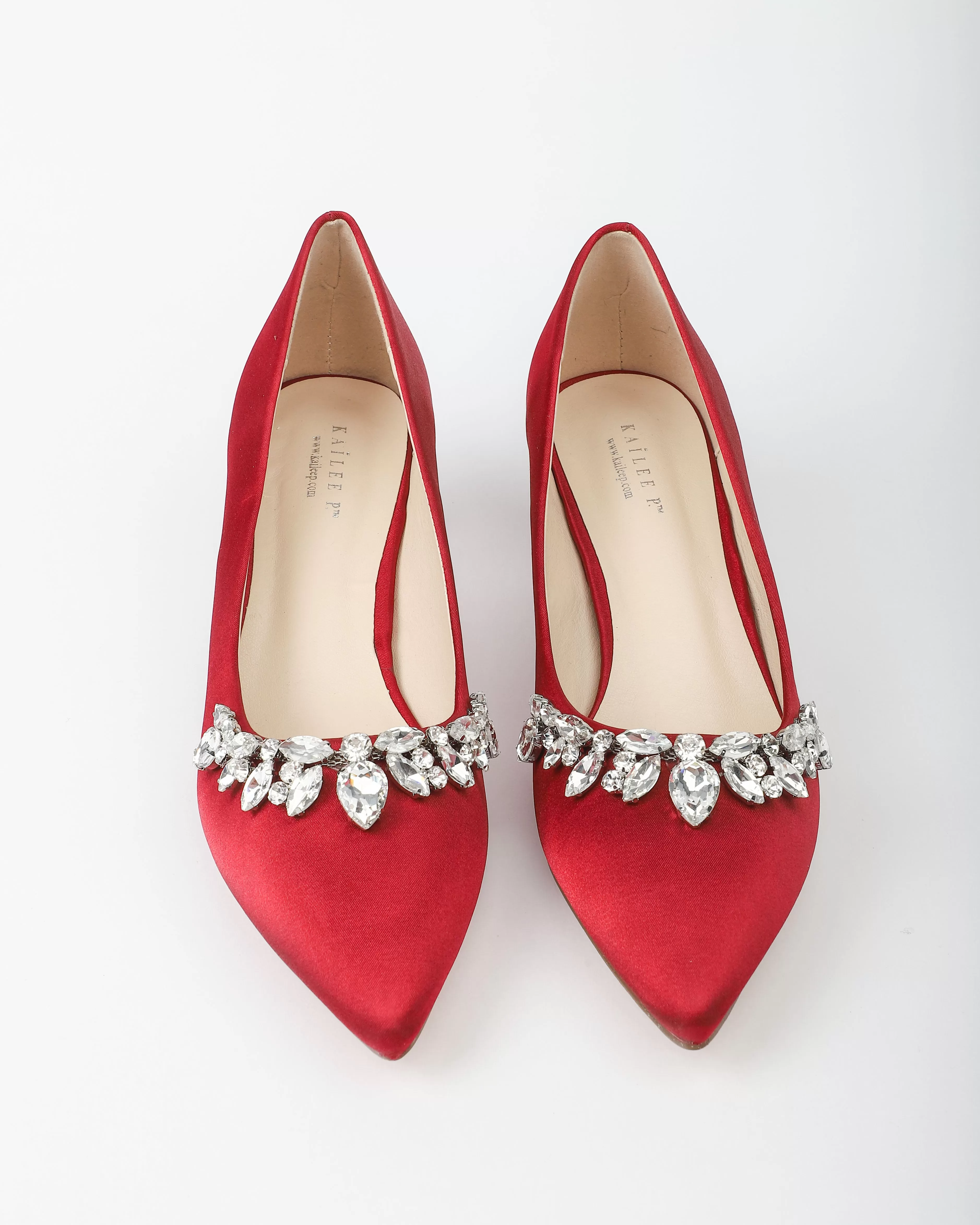 Burgundy Satin Pointy Toe Pump Low Heel with Teardrop Rhinestones