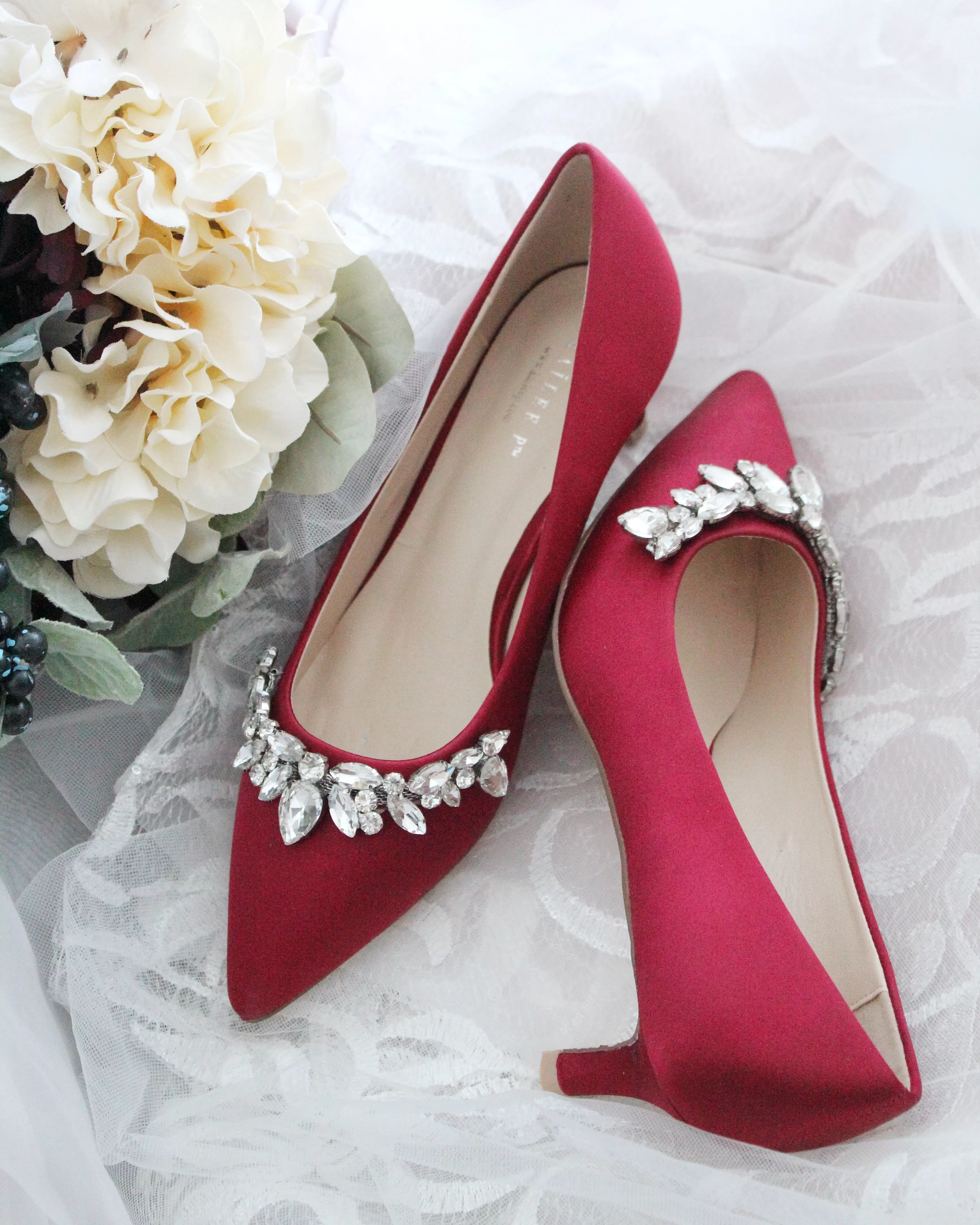 Burgundy Satin Pointy Toe Pump Low Heel with Teardrop Rhinestones