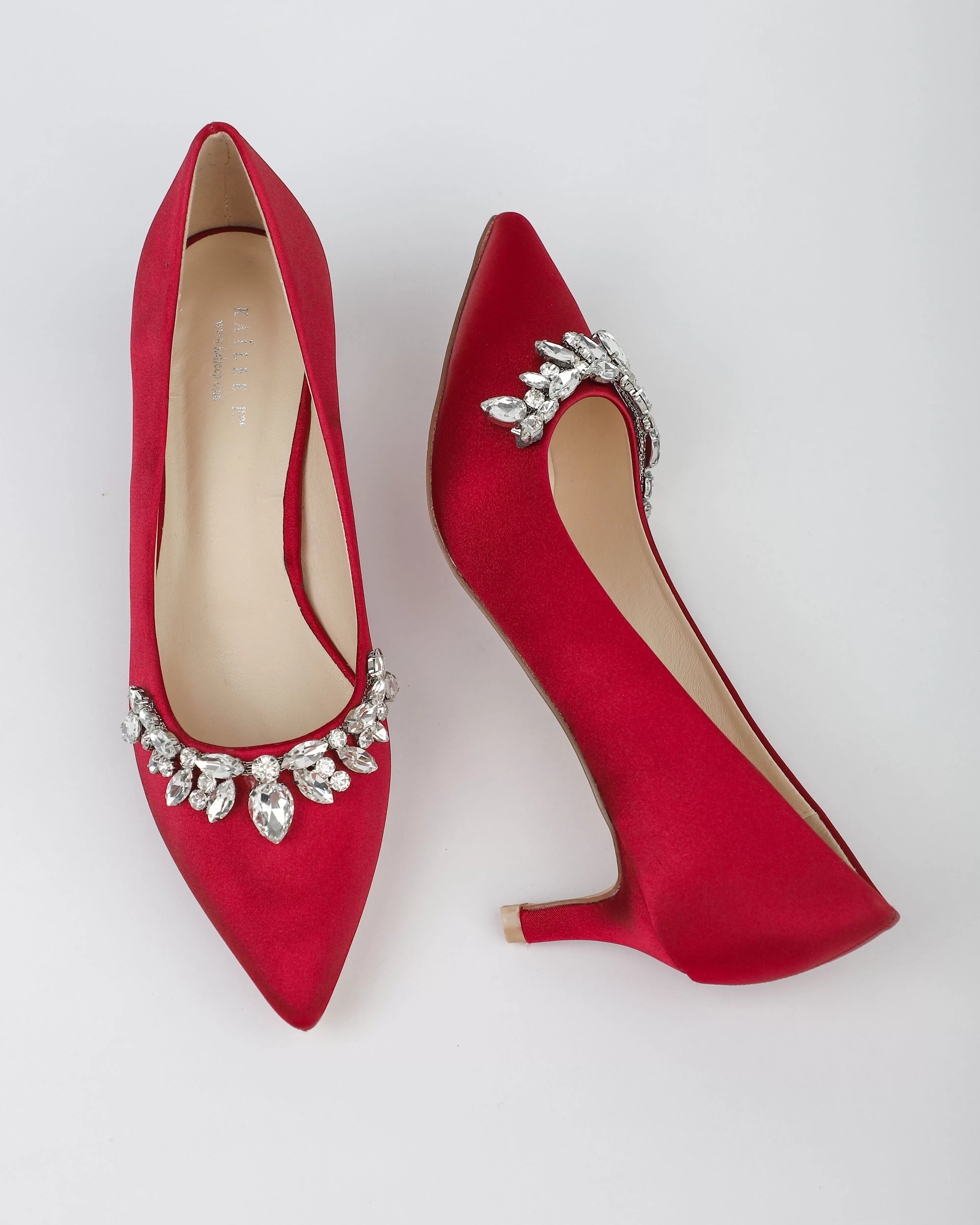 Burgundy Satin Pointy Toe Pump Low Heel with Teardrop Rhinestones