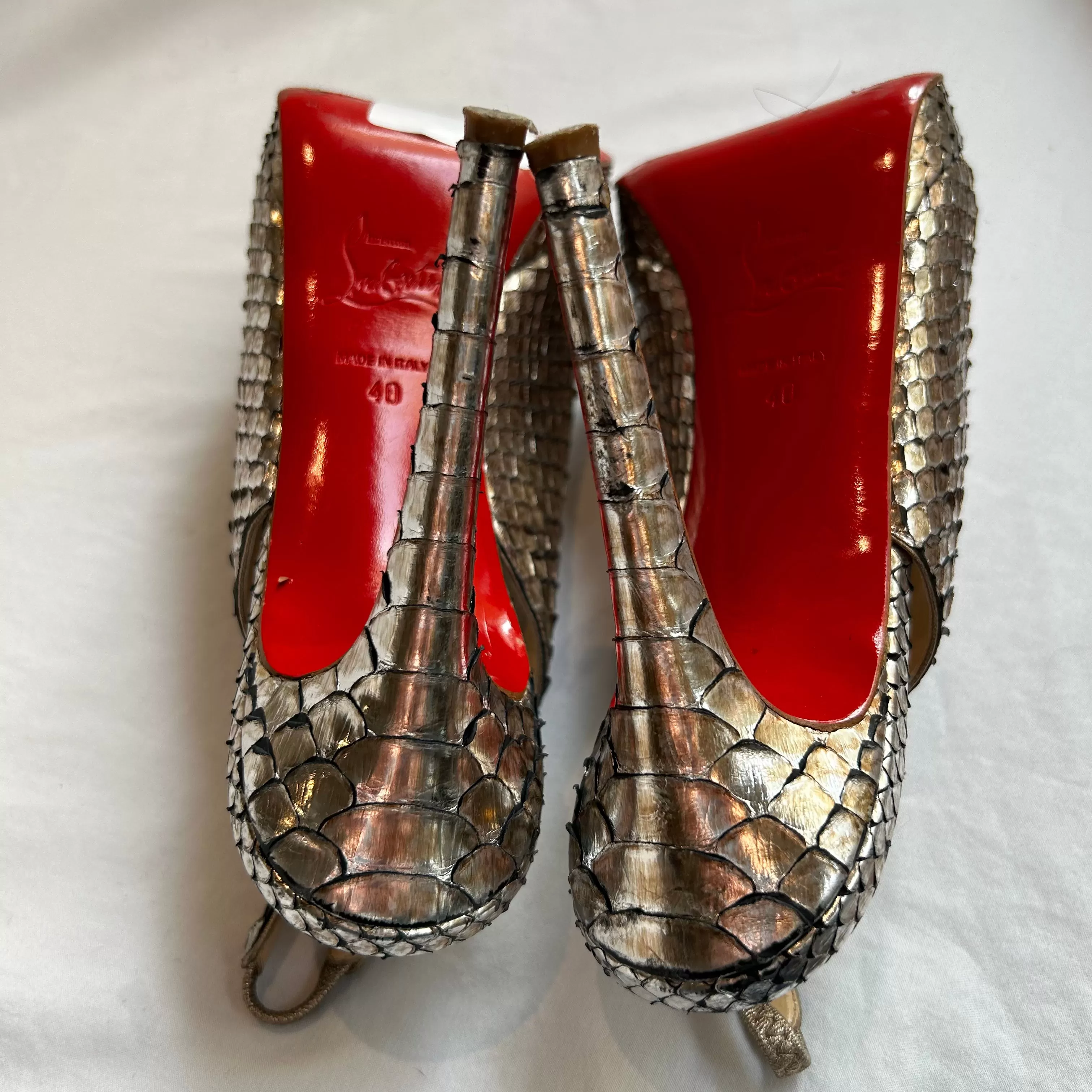 Christian Louboutin Silver Python Slingback Heels 40