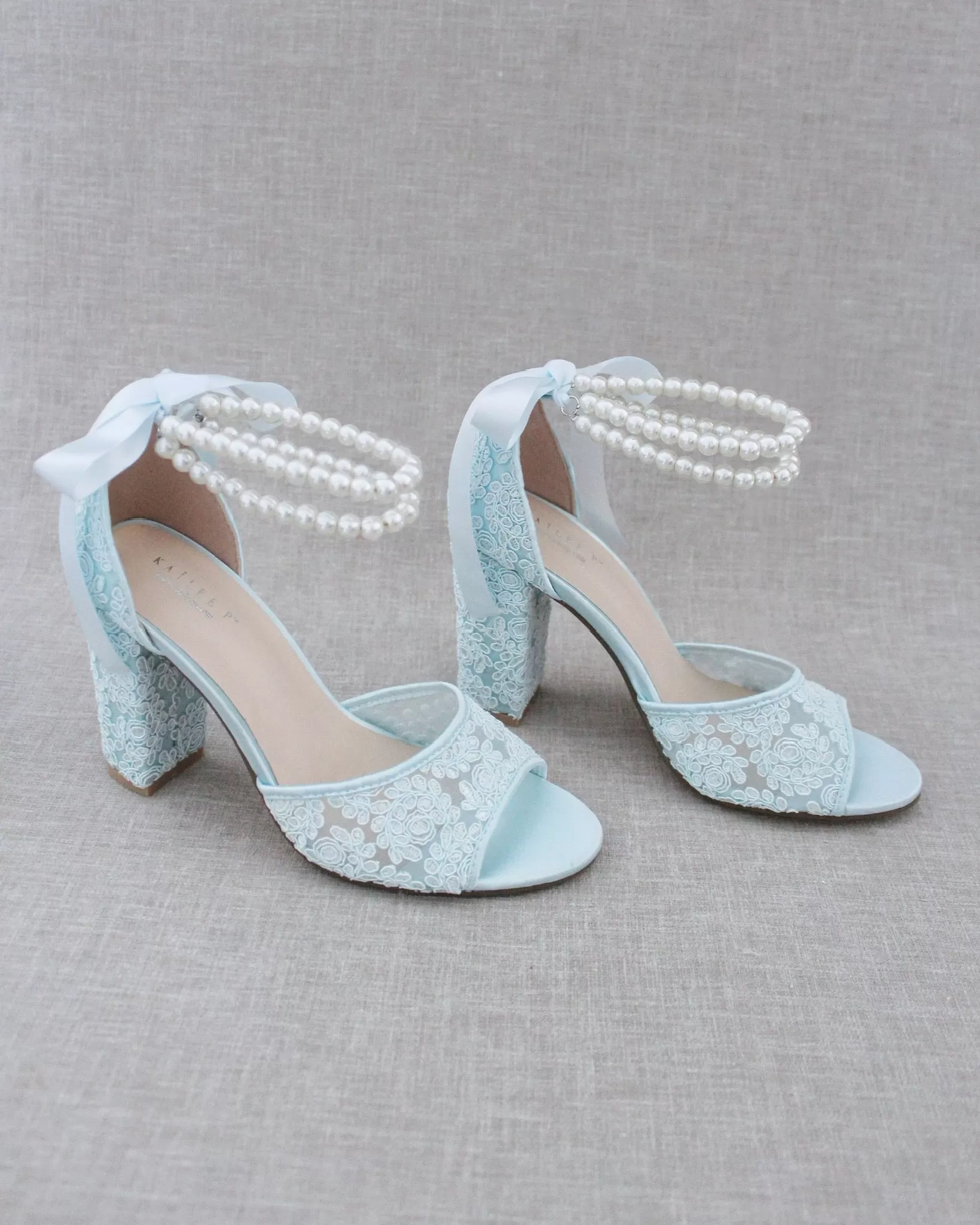 Crochet Lace Block Heel Sandals with Double Pearls Ankle Strap