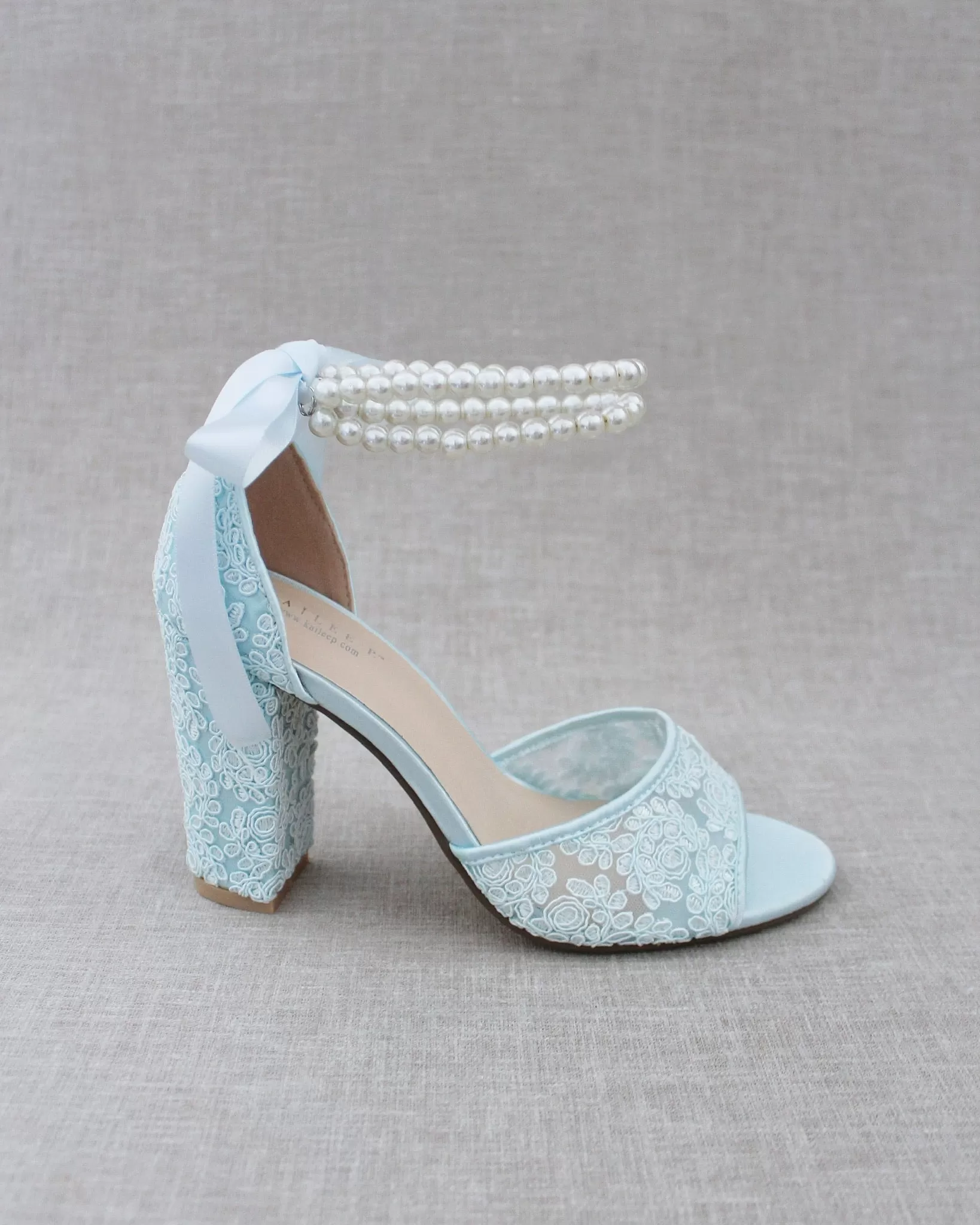 Crochet Lace Block Heel Sandals with Double Pearls Ankle Strap