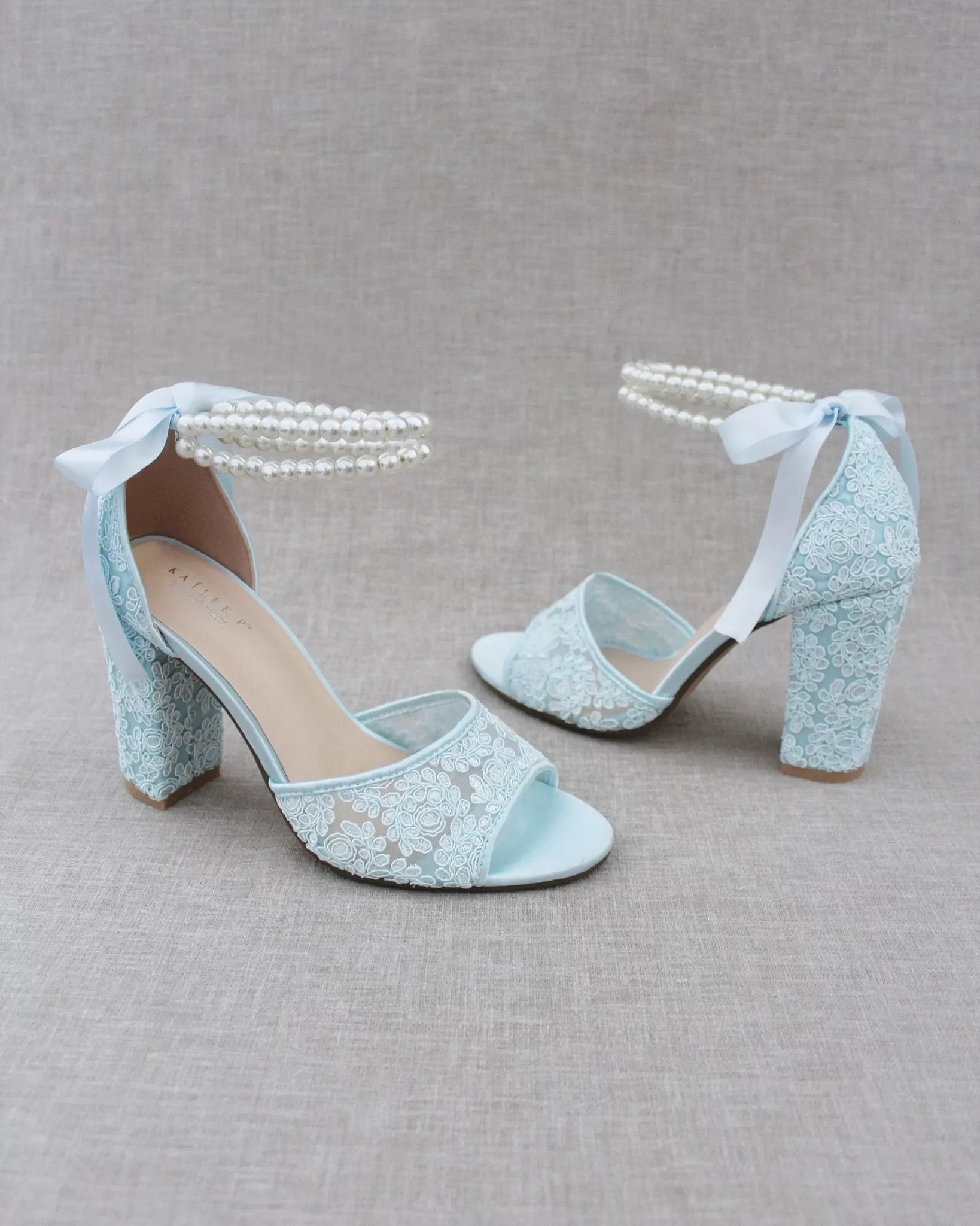 Crochet Lace Block Heel Sandals with Double Pearls Ankle Strap