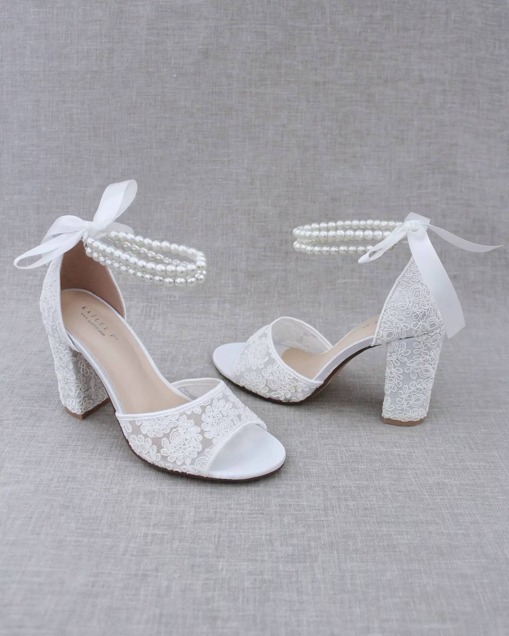 Crochet Lace Block Heel Sandals with Double Pearls Ankle Strap