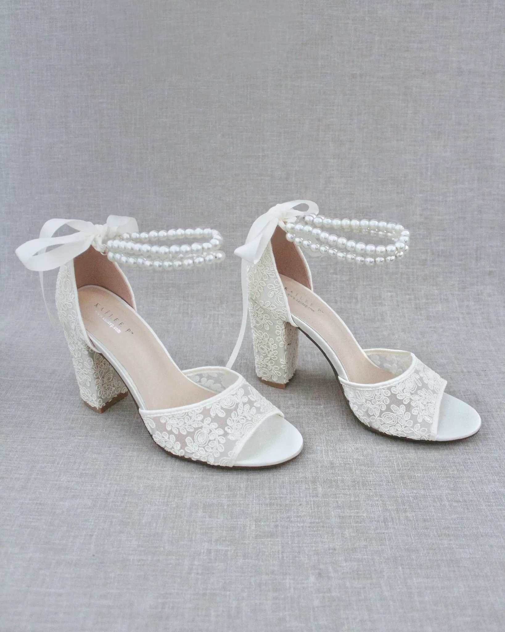 Crochet Lace Block Heel Sandals with Double Pearls Ankle Strap