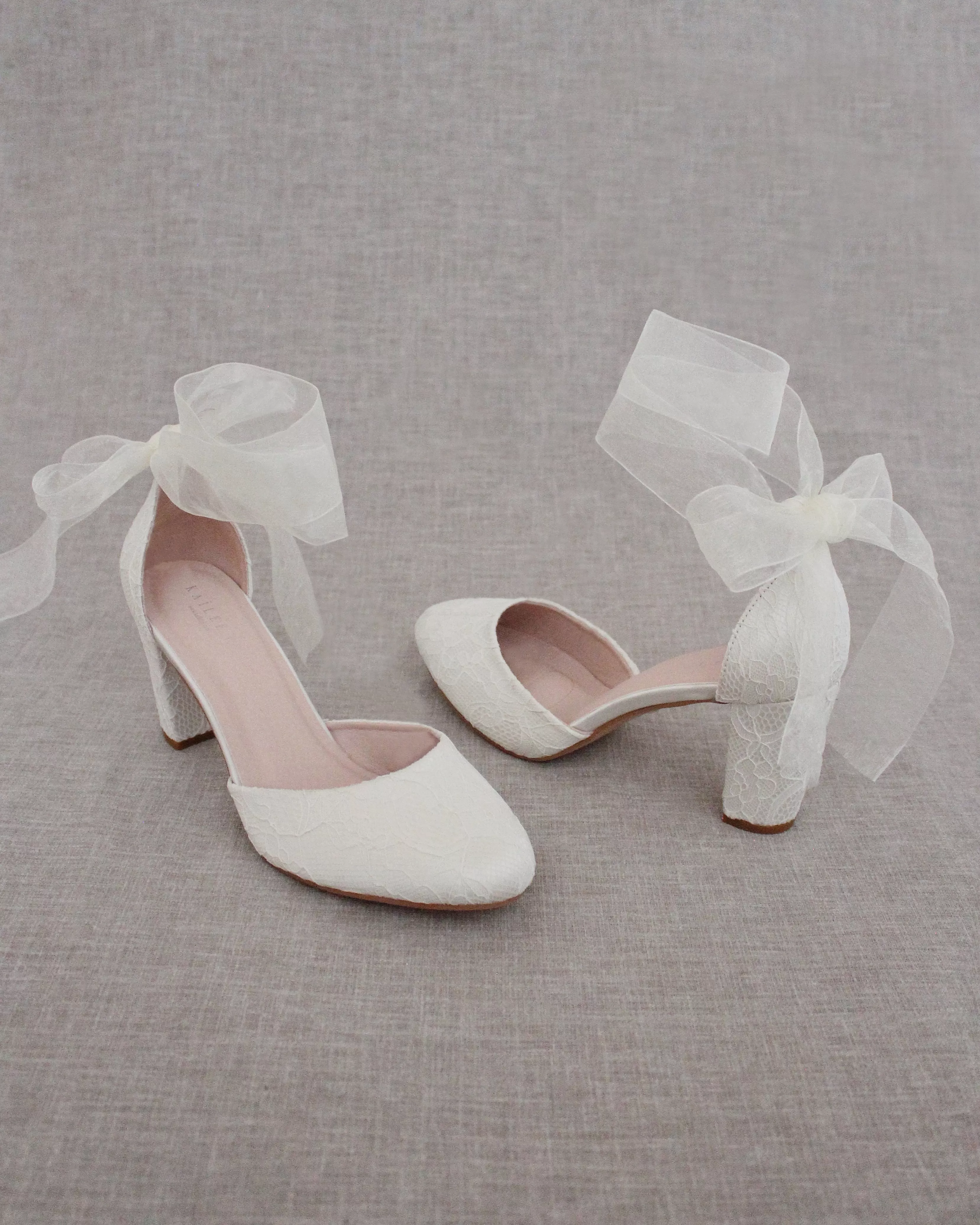 Ivory Lace Block Heel with Wrapped Satin Tie