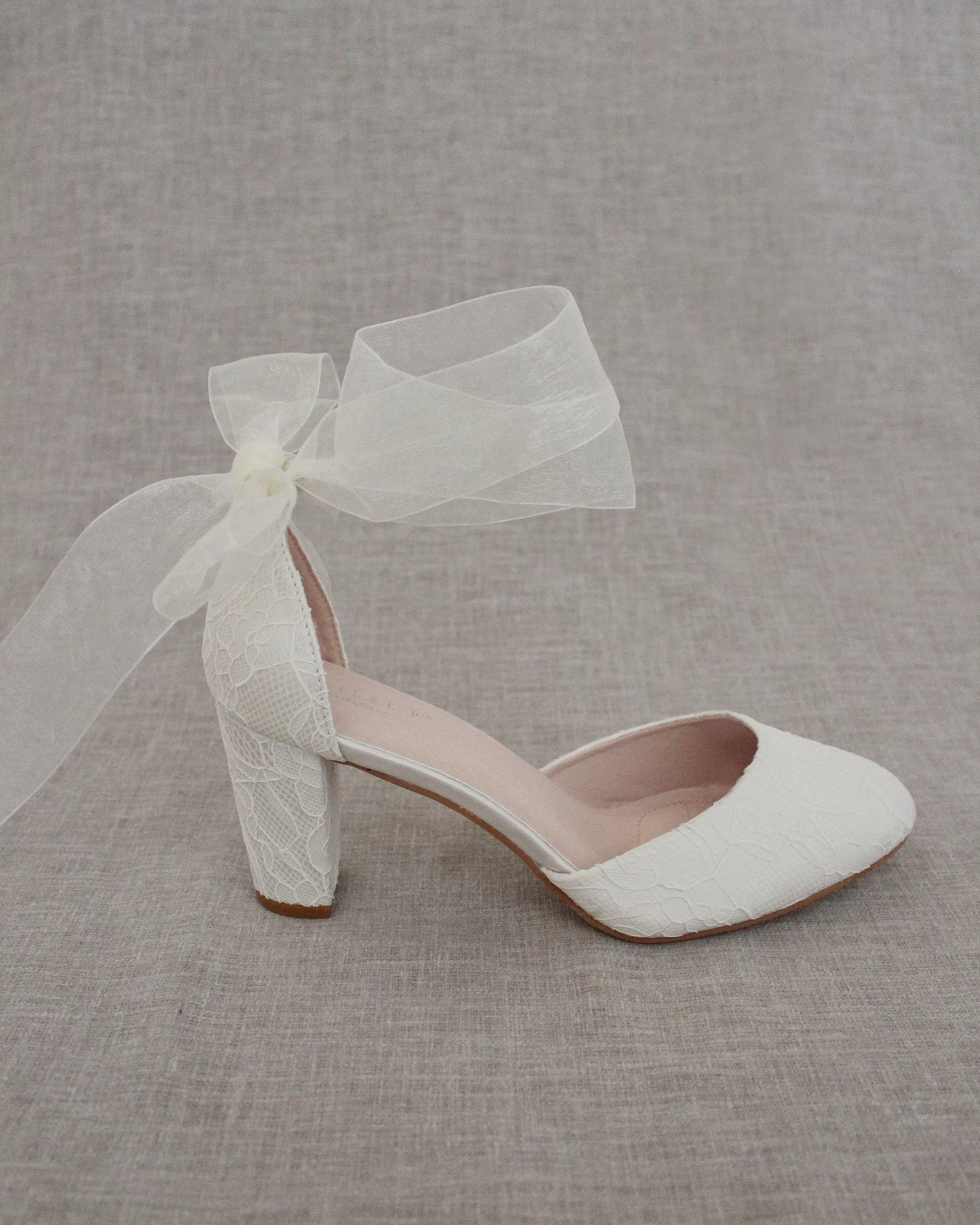 Ivory Lace Block Heel with Wrapped Satin Tie