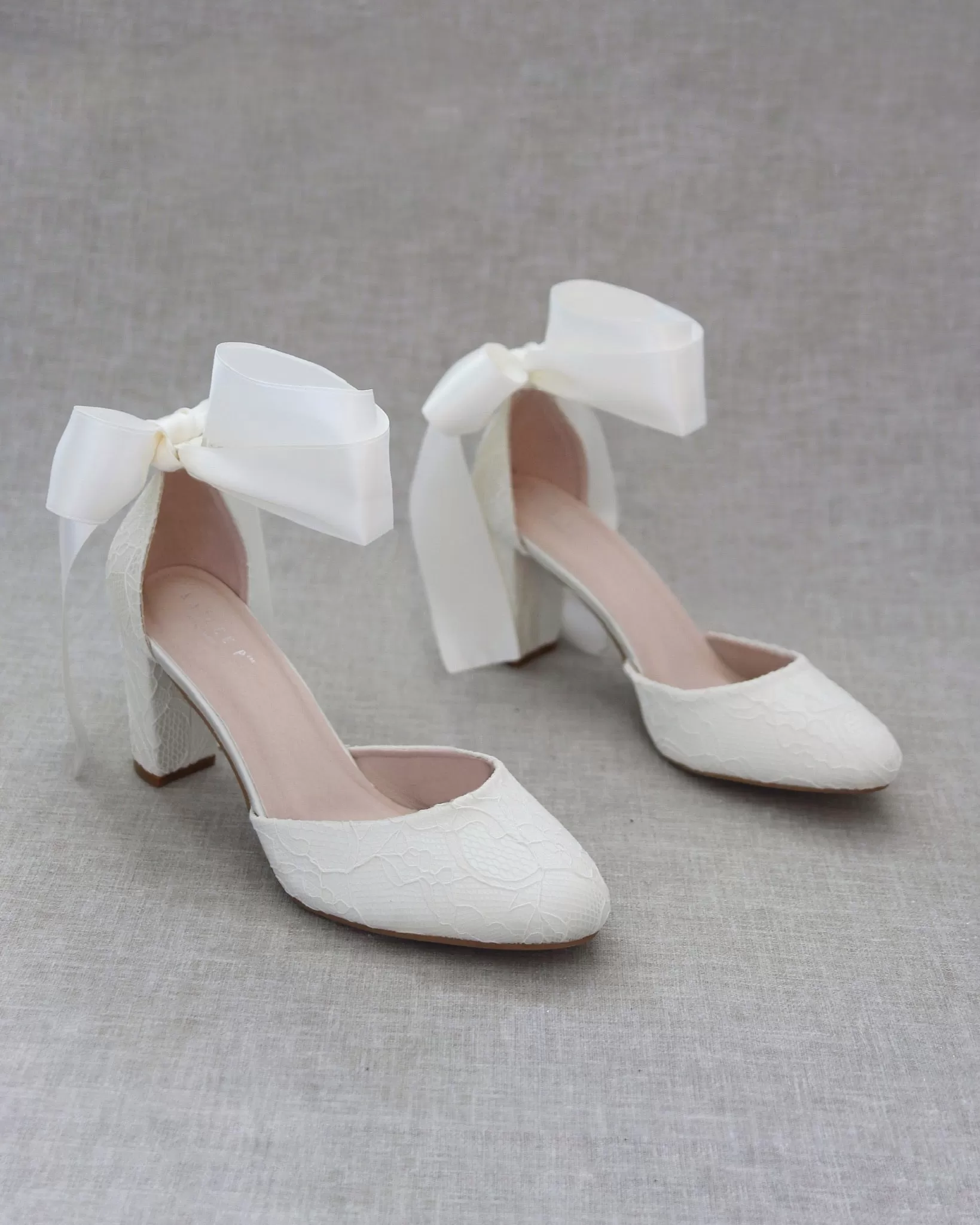 Ivory Lace Block Heel with Wrapped Satin Tie