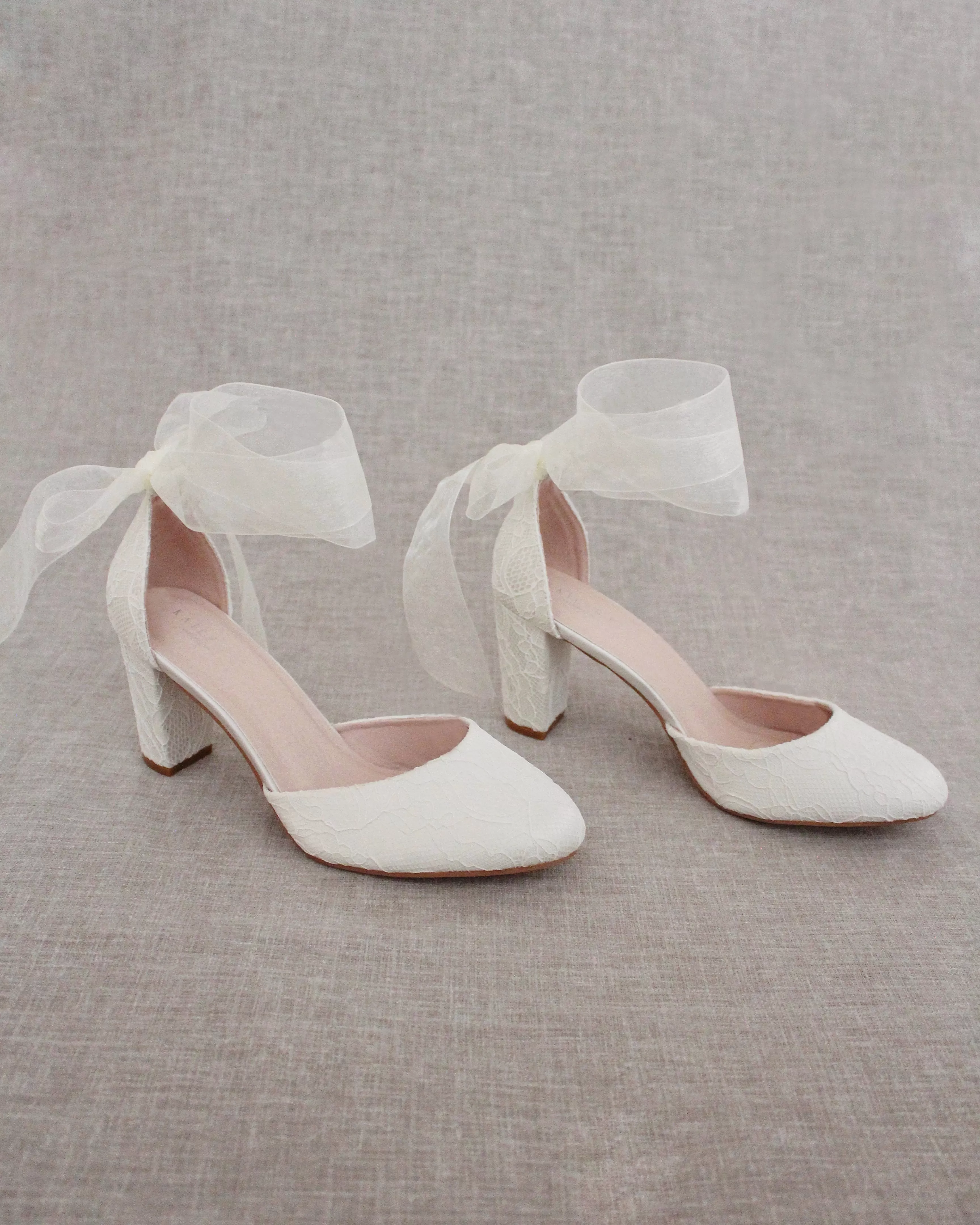 Ivory Lace Block Heel with Wrapped Satin Tie