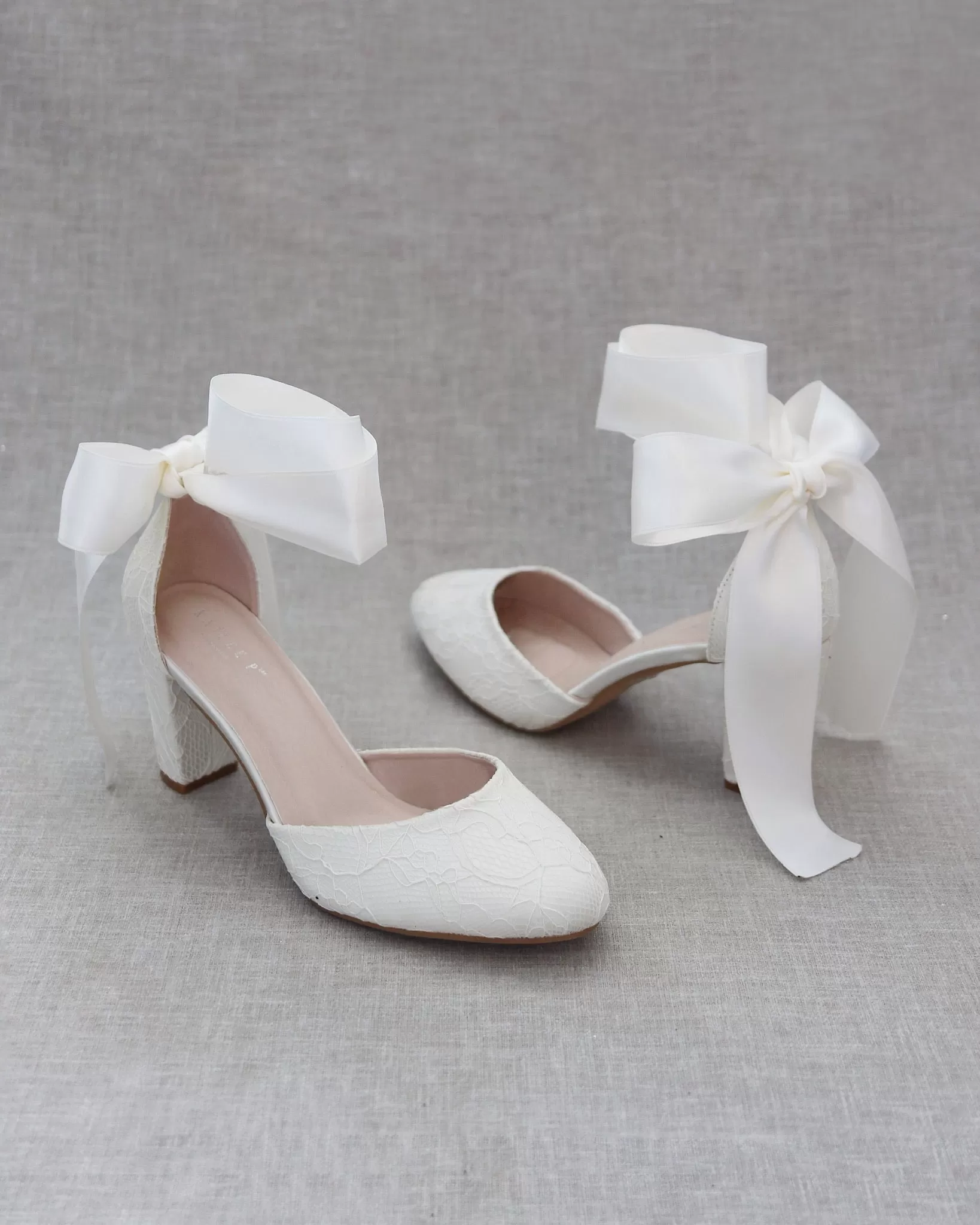 Ivory Lace Block Heel with Wrapped Satin Tie