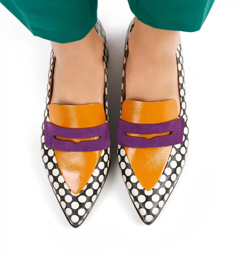 Jeita Yellow Black And Cream Polka Dot Loafer