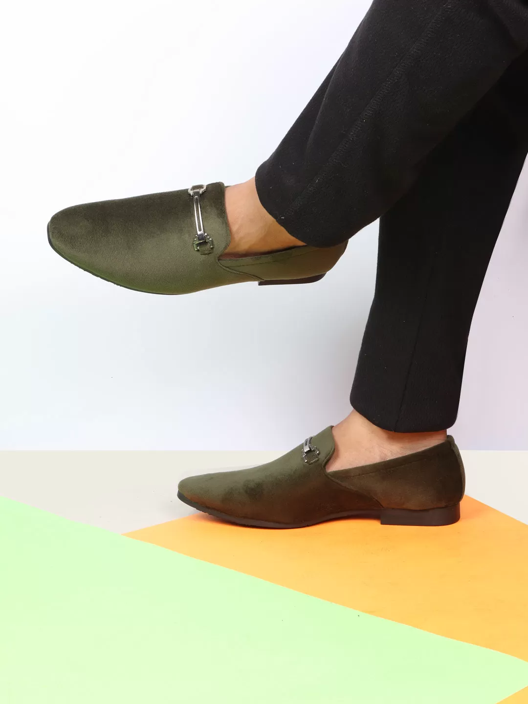 Men Olive Green Velvet Party Loafers Slip On Casual Shoes