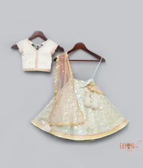 Off white Sequins Light Blue Brocade Lehenga with Choli Boti Net Dupatta for Girls