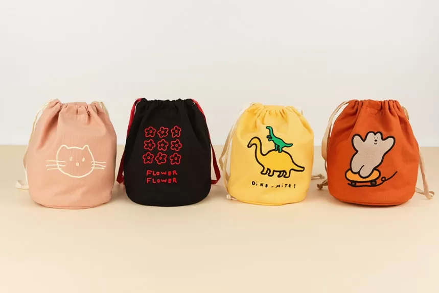 Pink Black Orange Yellow Drawstring Mini Totes Handbags Shoulder Purses Cute Girls Artists Design Female Casual Light Gifts Embroidery Cotton Daily Picnic Fashion Pouches Lunch Bags