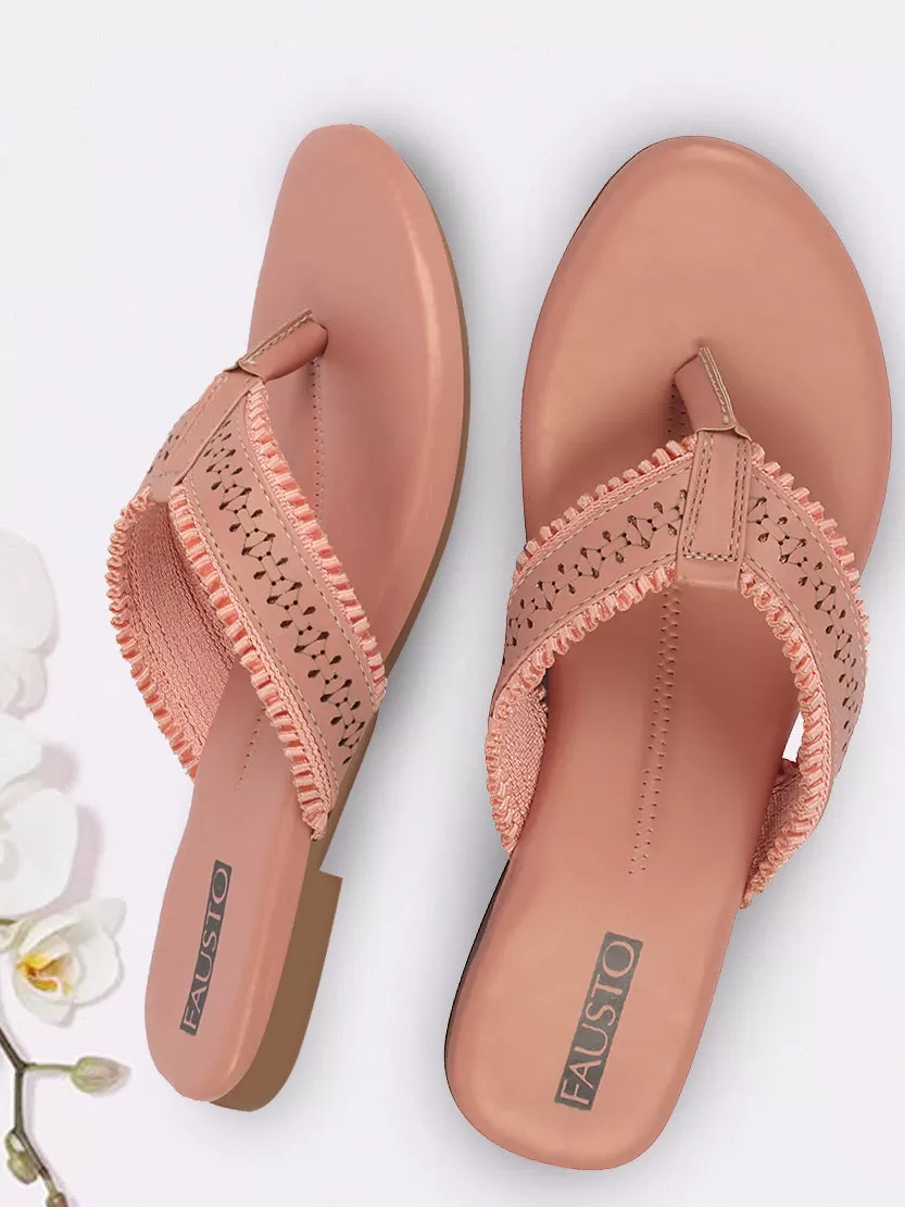 Women Pink Laser Cut Design T-Strap Thong Slip On Flats Slippers