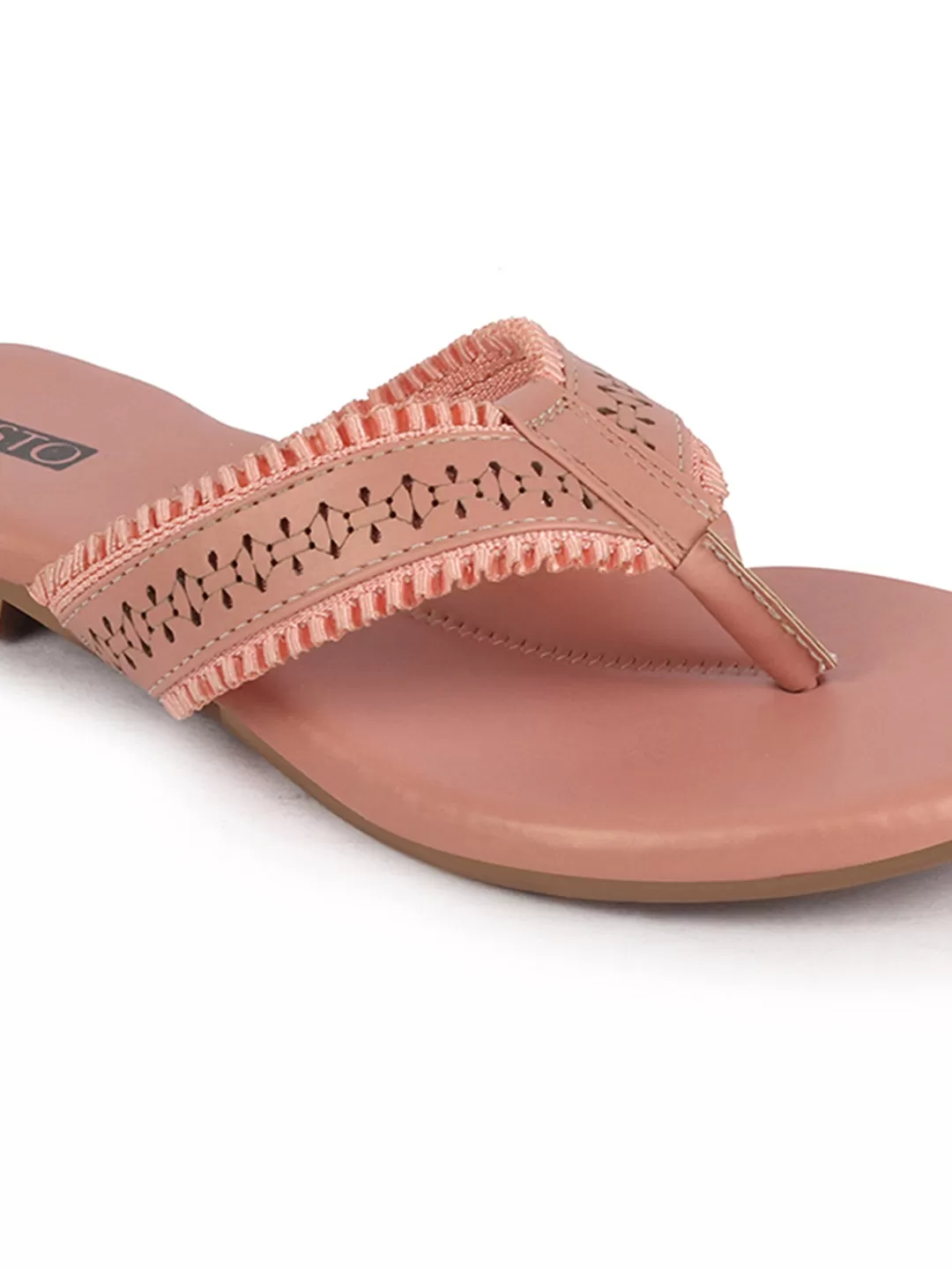 Women Pink Laser Cut Design T-Strap Thong Slip On Flats Slippers