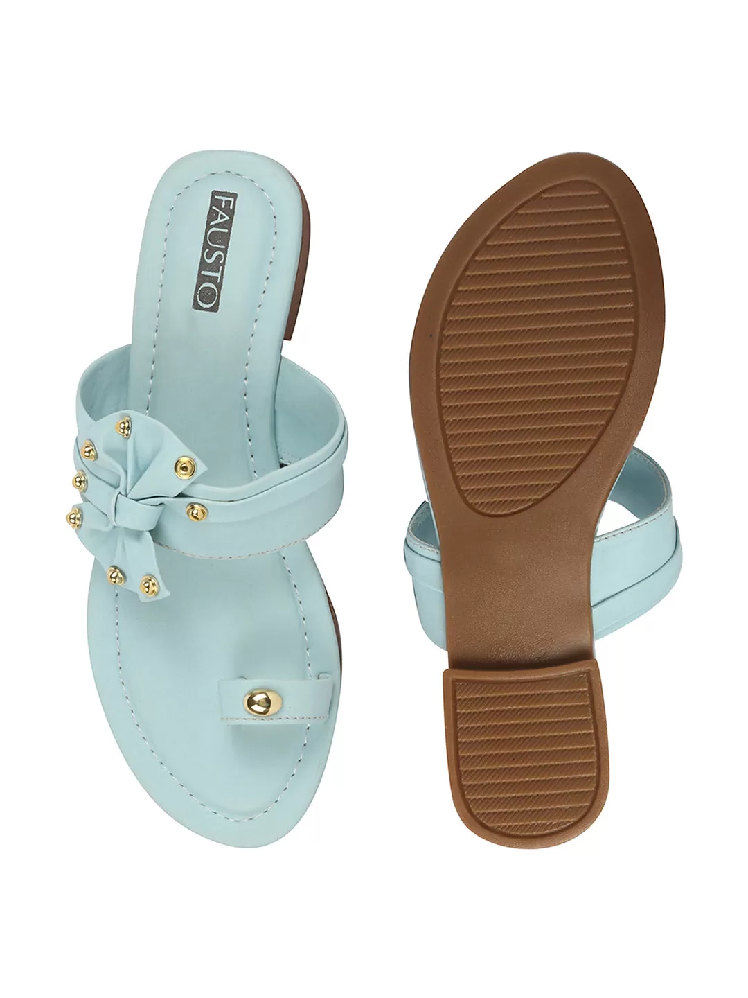 Women Sky Blue Bow Design Toe Ring Slip On Flats Slippers