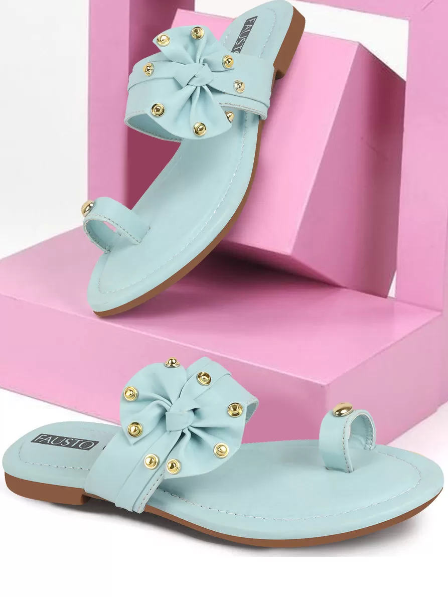 Women Sky Blue Bow Design Toe Ring Slip On Flats Slippers