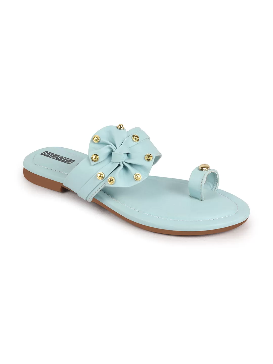 Women Sky Blue Bow Design Toe Ring Slip On Flats Slippers