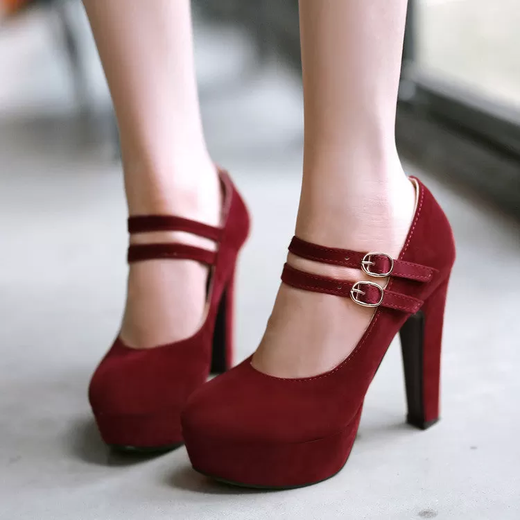 Women's Ankle Straps Suede Platform High Heels Shoes 6177