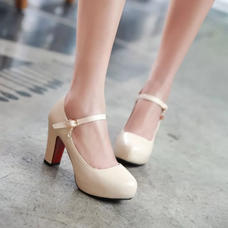 Women's Glossy Almond Toe Chunky Heels Mary Jane High Heel Platform Pumps